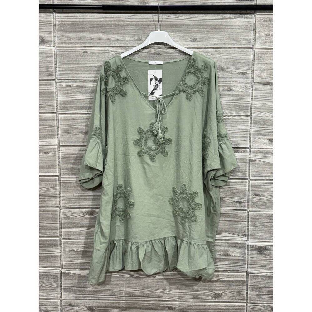 NEW OZ women's raised embroidery v neck blouse in army green
